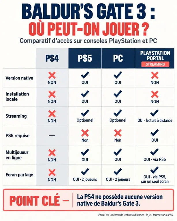 Infographie Baldur's Gate 3 PS4 comparant la compatibilité PS4, PS5, PC et PlayStation Portal