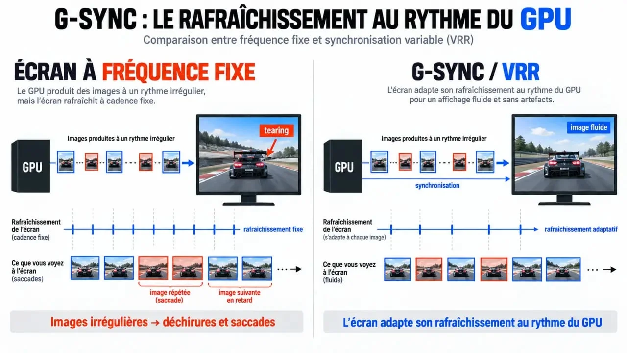 Schéma du fonctionnement de G-SYNC et de la synchronisation variable VRR
