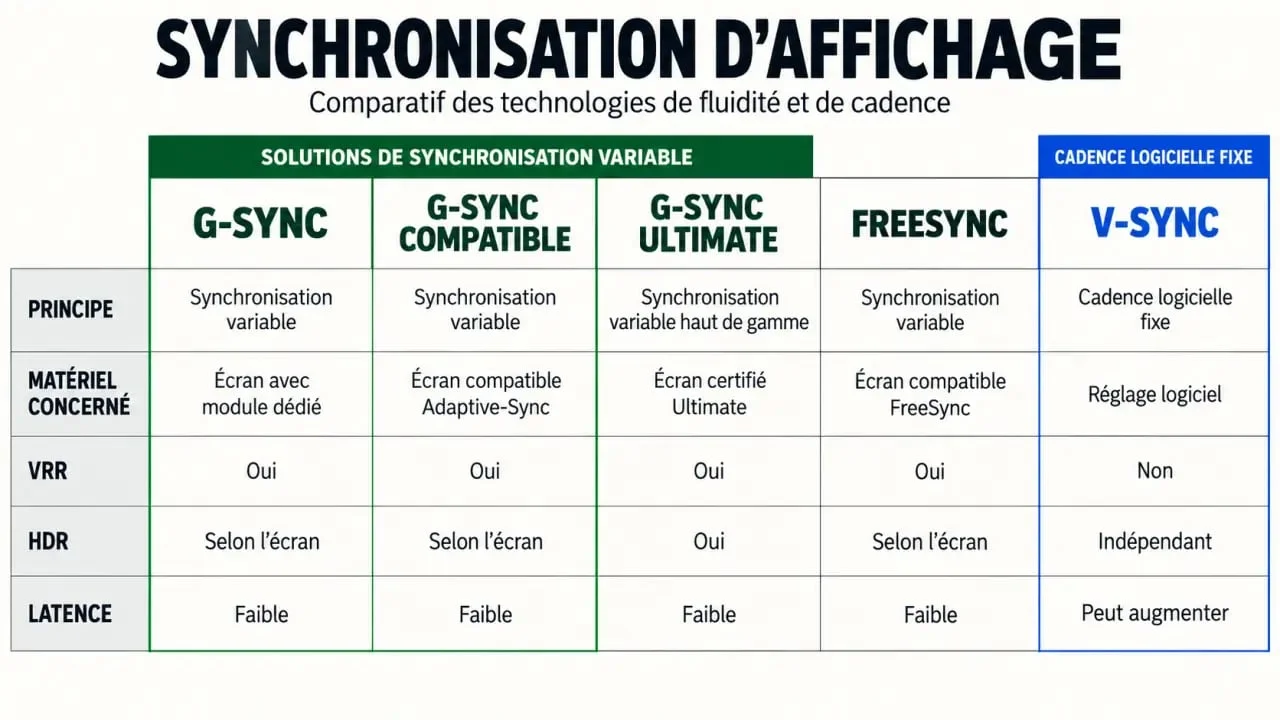 Infographie comparative G-SYNC, G-SYNC Compatible, FreeSync et V-Sync