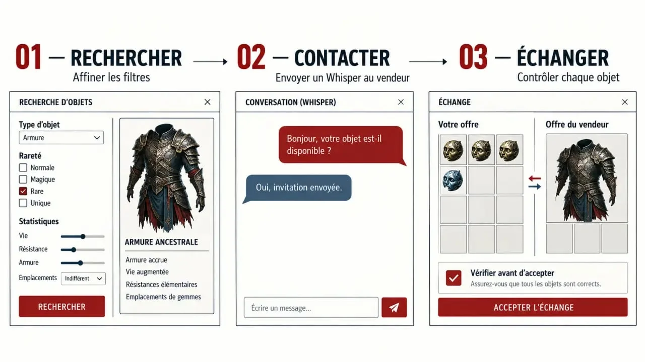 Parcours poe trade de la recherche d’un objet à l’échange avec le vendeur
