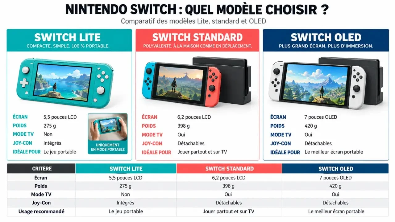 Infographie comparative de la Switch Lite, de la Nintendo Switch et de la Switch OLED