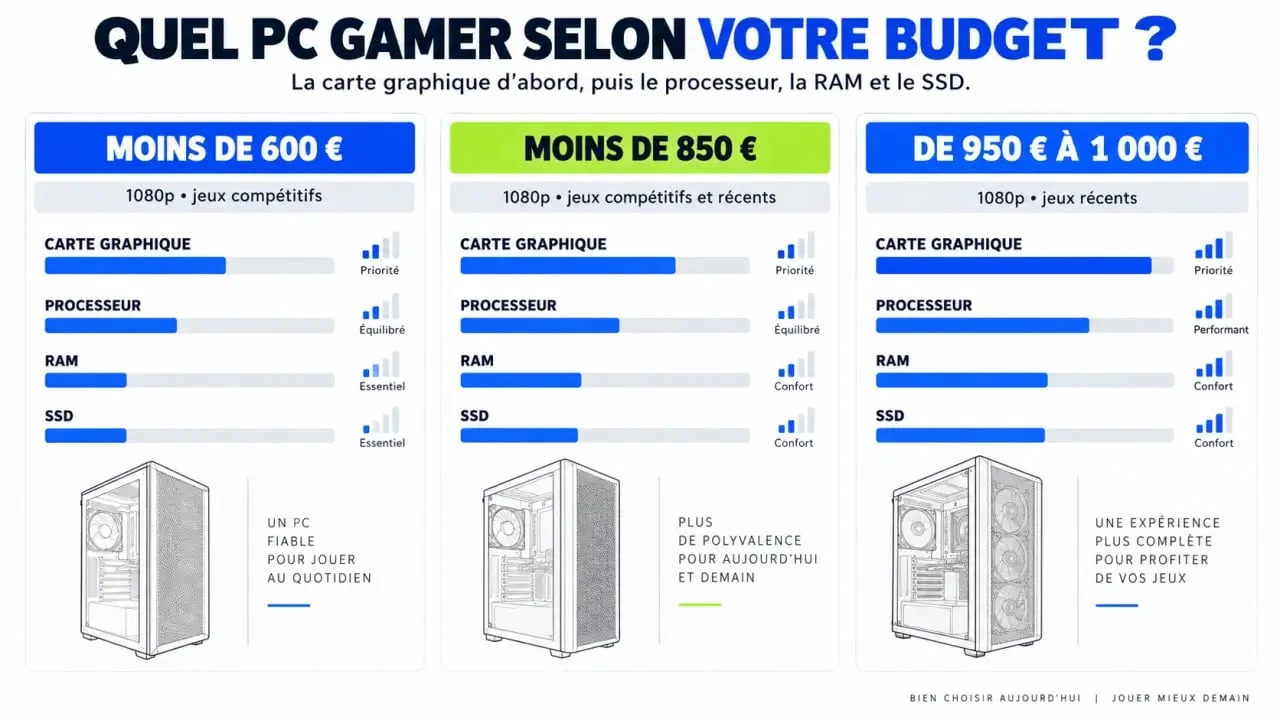 Tour PC gamer pas cher : comparaison des budgets et des composants prioritaires pour jouer en 1080p