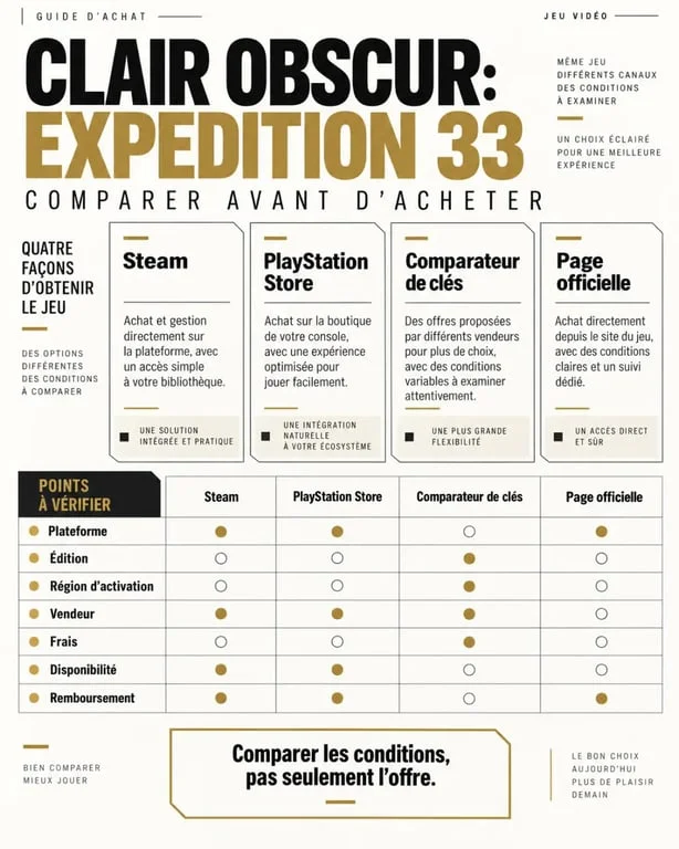 Infographie Expedition 33 prix : critères pour comparer Steam, PlayStation et les clés PC