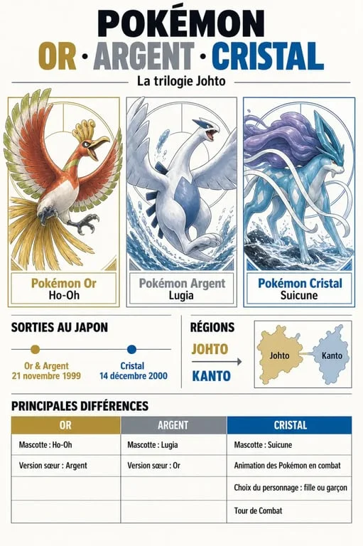 Infographie comparative de Pokémon Or, Argent et Cristal avec Ho-Oh, Lugia et Suicune